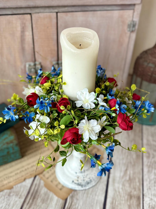 Red White Blue Flower Candle Wreath, Patriotic Decor, Kitchen Cabinet Decor, 4th of July Decorations, Independence Day Wreath, Forth of July