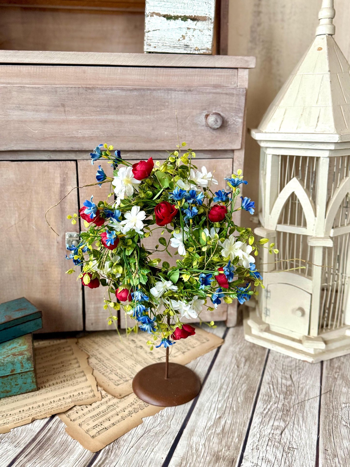 Red White Blue Flower Candle Wreath, Patriotic Decor, Kitchen Cabinet Decor, 4th of July Decorations, Independence Day Wreath, Forth of July