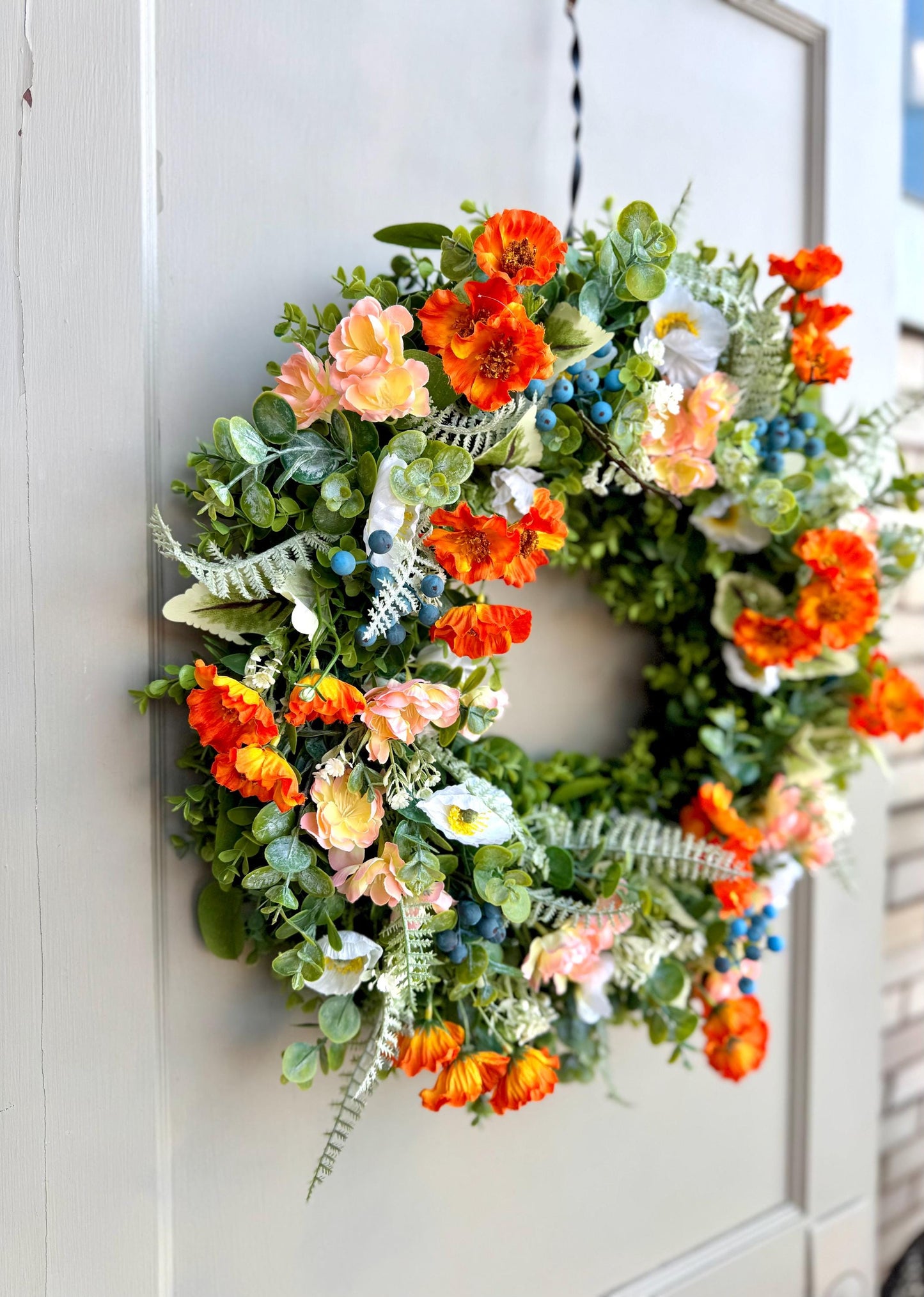 Poppy Wreath for Front Door, Summer Wreaths, Wildflower Wreath, Orange Poppy Wreath, Peach Poppy Flower Wreath, Spring Front Door Wreath