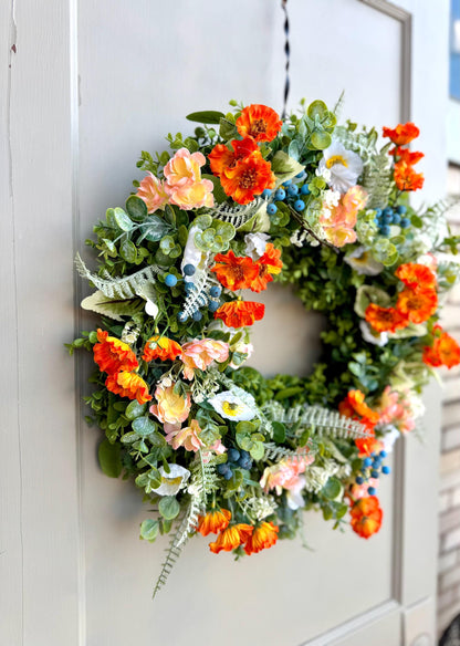Poppy Wreath for Front Door, Summer Wreaths, Wildflower Wreath, Orange Poppy Wreath, Peach Poppy Flower Wreath, Spring Front Door Wreath