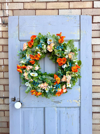 BEST SELLER! Summer Wreath for Front Door, Peach Poppy Wreath, Wreath with Poppies, Orange Poppy Wreath, Pink Wildflower Wreath