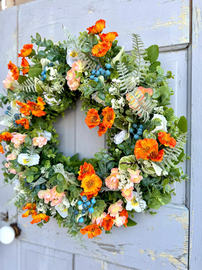 BEST SELLER! Summer Wreath for Front Door, Peach Poppy Wreath, Wreath with Poppies, Orange Poppy Wreath, Pink Wildflower Wreath