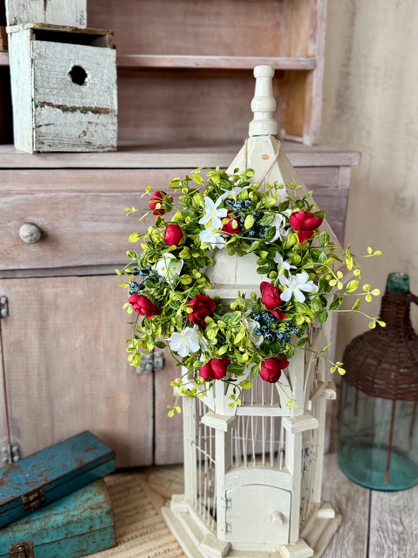 Red White Blue Candle Wreath, Patriotic Decor, Kitchen Cabinet Decor, 4th of July Decorations, Independence Day Wreath, Forth of July