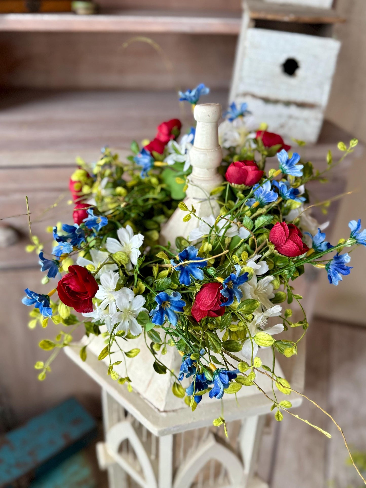 Red White Blue Flower Candle Wreath, Patriotic Decor, Kitchen Cabinet Decor, 4th of July Decorations, Independence Day Wreath, Forth of July
