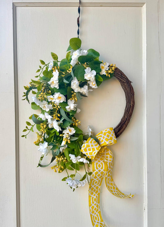 NEW 2025! White Yellow Cherry Blossom Wreath, Yellow Summer Wreath for Door, Yellow Easter Wreath, White Yellow Mothers Day Wreath