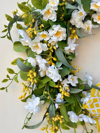 NEW 2025! White Yellow Cherry Blossom Wreath, Yellow Summer Wreath for Door, Yellow Easter Wreath, White Yellow Mothers Day Wreath