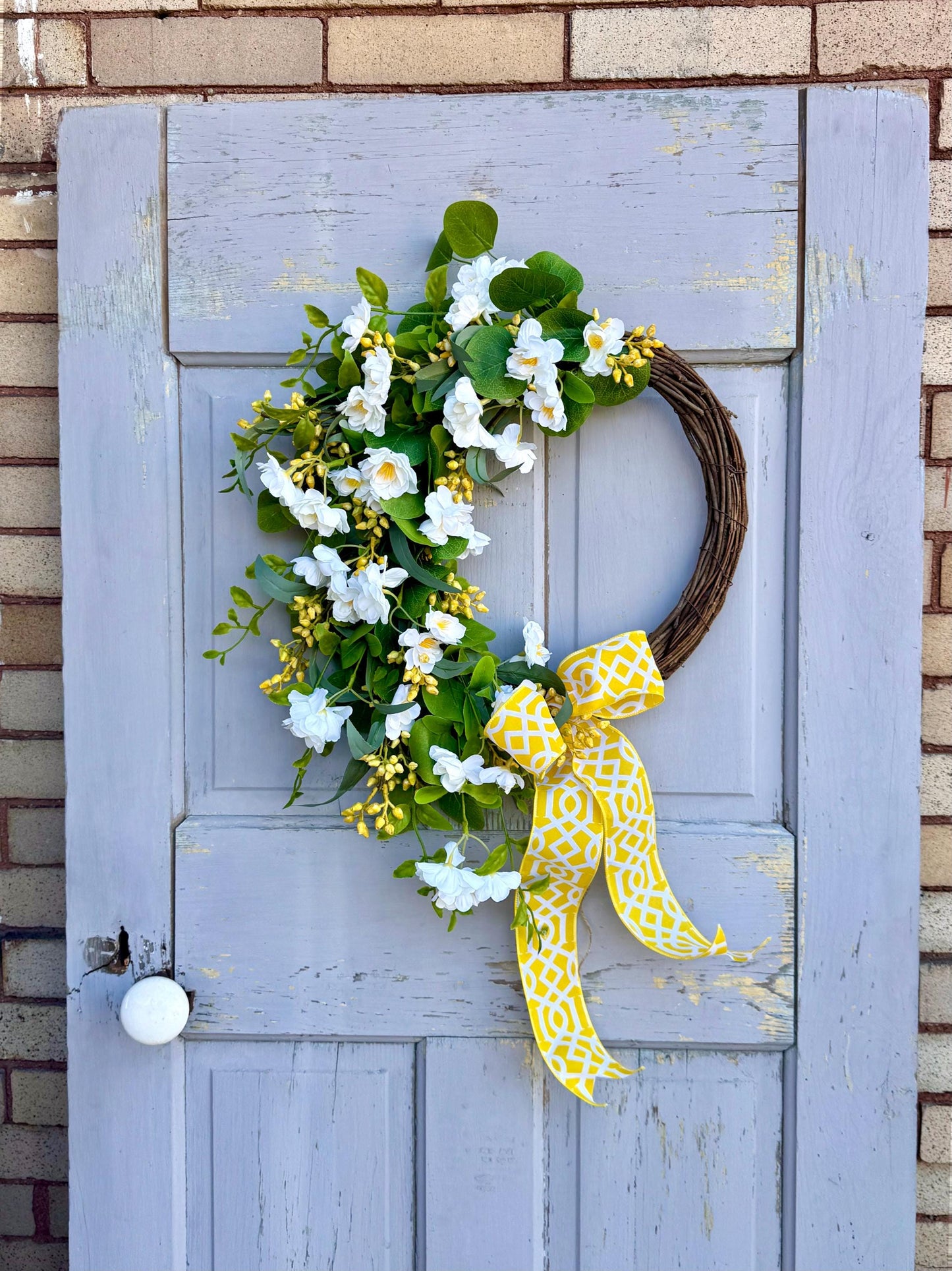 NEW 2025! White Yellow Cherry Blossom Wreath, Yellow Summer Wreath for Door, Yellow Easter Wreath, White Yellow Mothers Day Wreath