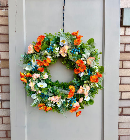 Poppy Wreath for Front Door, Summer Wreaths, Wildflower Wreath, Orange Poppy Wreath, Peach Poppy Flower Wreath, Spring Front Door Wreath