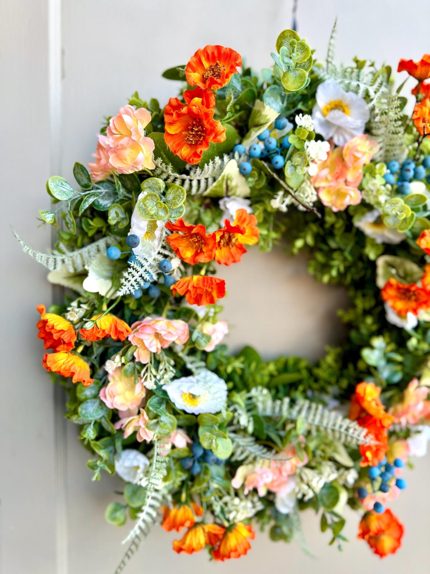 Poppy Wreath for Front Door, Summer Wreaths, Wildflower Wreath, Orange Poppy Wreath, Peach Poppy Flower Wreath, Spring Front Door Wreath