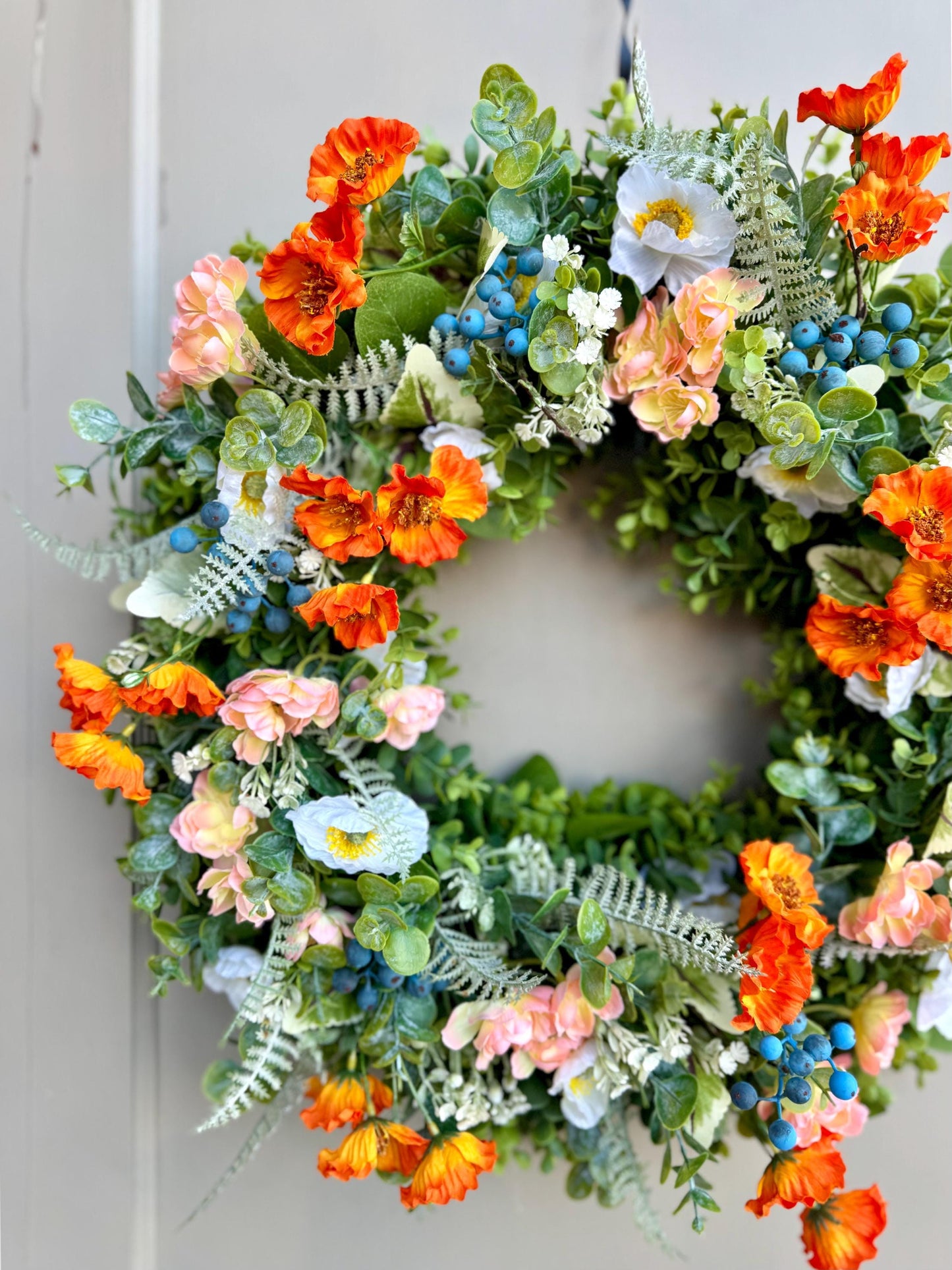 Poppy Wreath for Front Door, Summer Wreaths, Wildflower Wreath, Orange Poppy Wreath, Peach Poppy Flower Wreath, Spring Front Door Wreath