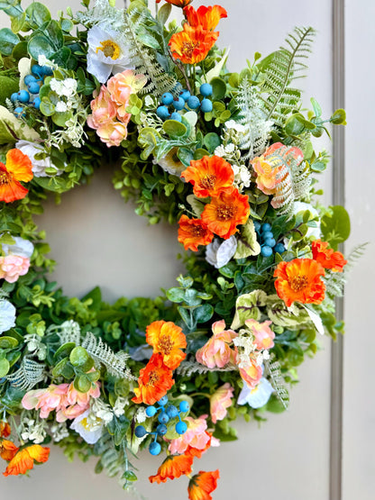 Poppy Wreath for Front Door, Summer Wreaths, Wildflower Wreath, Orange Poppy Wreath, Peach Poppy Flower Wreath, Spring Front Door Wreath
