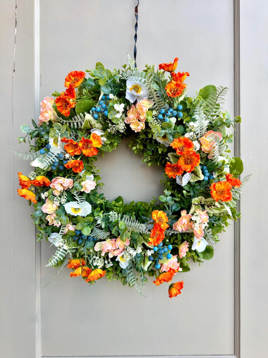 Poppy Wreath for Front Door, Summer Wreaths, Wildflower Wreath, Orange Poppy Wreath, Peach Poppy Flower Wreath, Spring Front Door Wreath