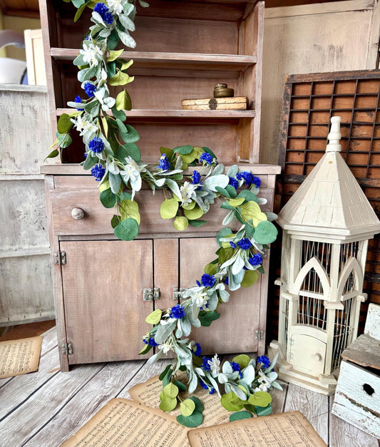 Blue Spring Garland, Blue Lambs Ear Eucalyptus Garland, Garland for Mantle, Easter Garland, Blue Wedding Garland, Batchelor Button Flowers