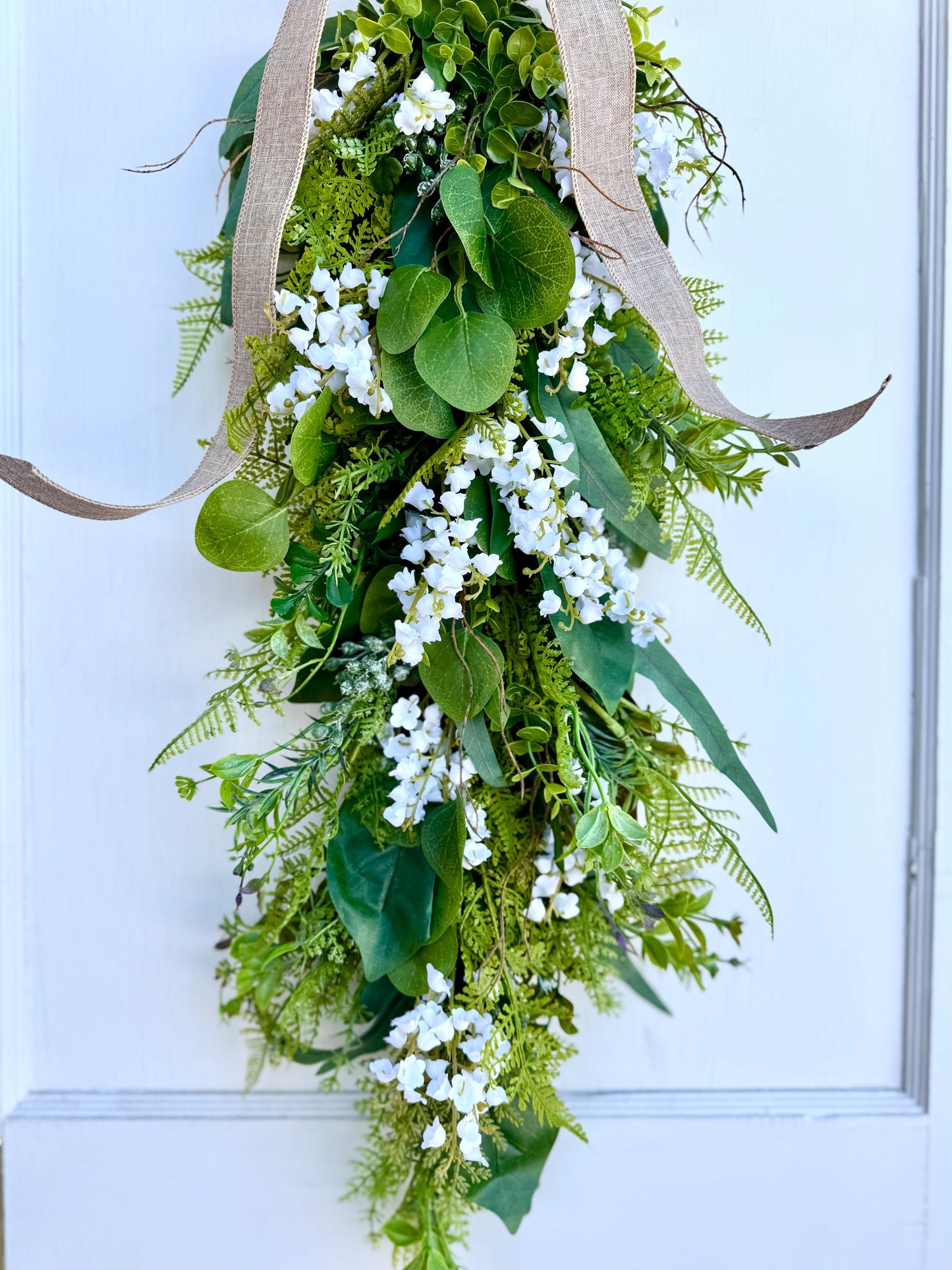 White Lily Of The Valley Wreath, Fern Swag Wreath, Spring Wreath, Mothers Day, Summer Fern Swag, Country Decor