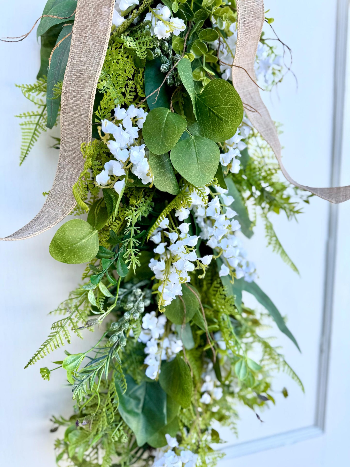 White Lily Of The Valley Wreath, Fern Swag Wreath, Spring Wreath, Mothers Day, Summer Fern Swag, Country Decor