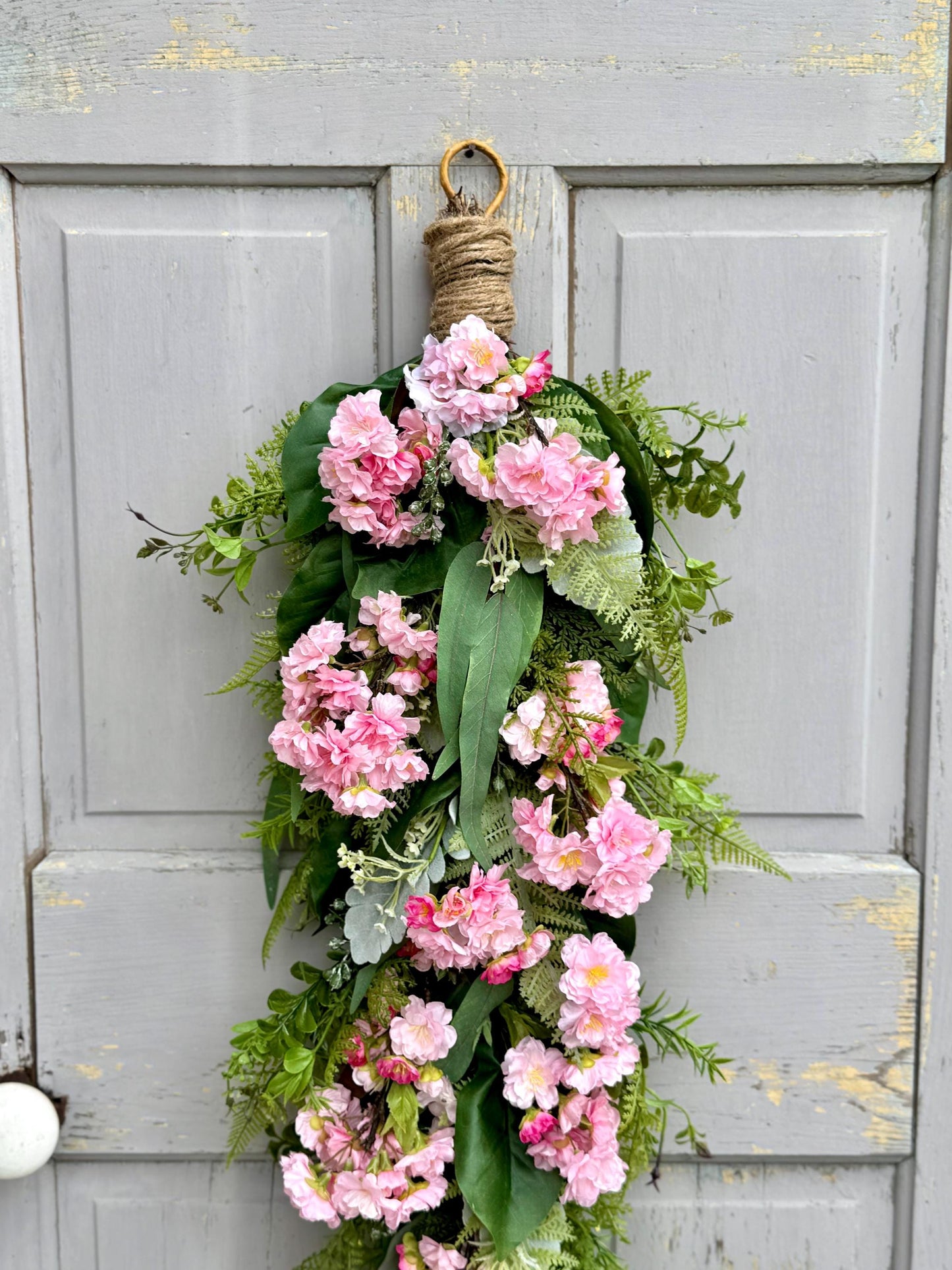 Pink Cherry Blossom Swag, Spring Swag Wreath, Spring Wreath, Mothers Day, Summer Fern Swag, Country Decor, Pink Easter Wreath