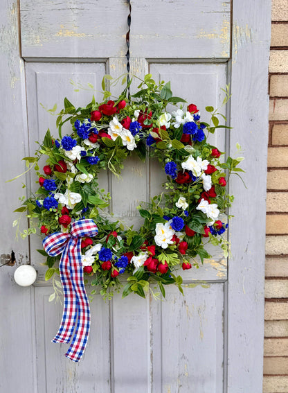 Fourth of July Wreath, Red White Blue Flower Wreath, Patriotic Wreath for Front Door, Independence Day Decor, Summer Wreath
