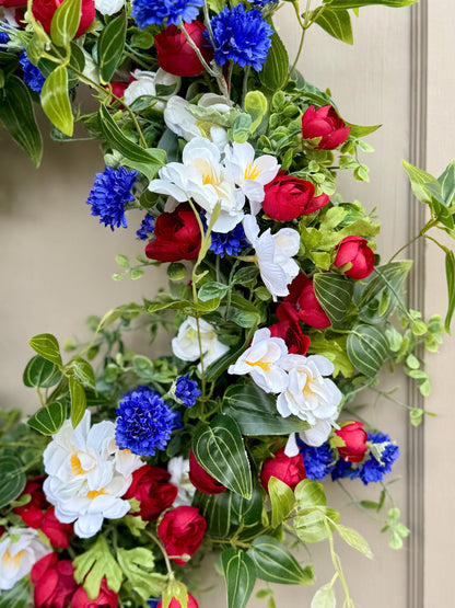 Fourth of July Wreath, Red White Blue Flower Wreath, Patriotic Wreath for Front Door, Independence Day Decor, Summer Wreath