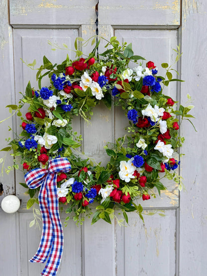 Fourth of July Wreath, Red White Blue Flower Wreath, Patriotic Wreath for Front Door, Independence Day Decor, Summer Wreath