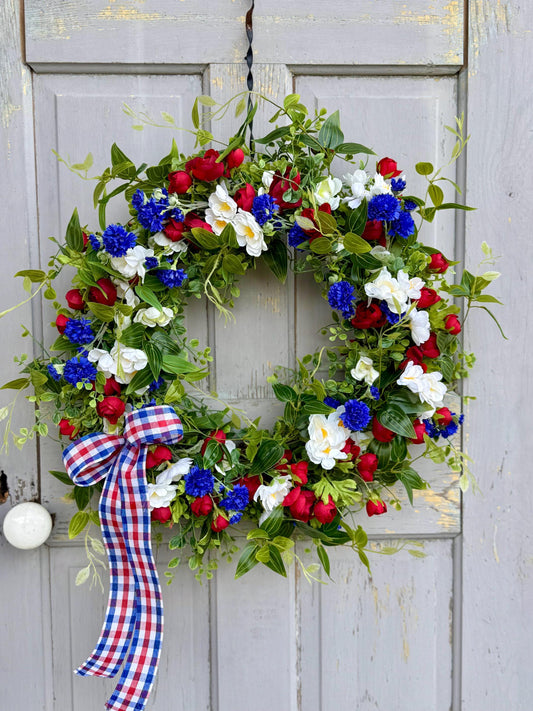 Fourth of July Wreath, Red White Blue Flower Wreath, Patriotic Wreath for Front Door, Independence Day Decor, Summer Wreath