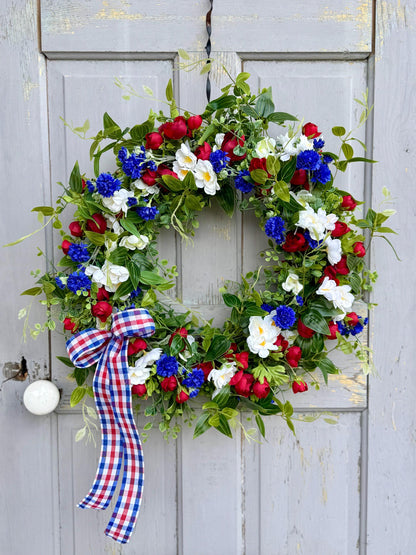 Fourth of July Wreath, Red White Blue Flower Wreath, Patriotic Wreath for Front Door, Independence Day Decor, Summer Wreath