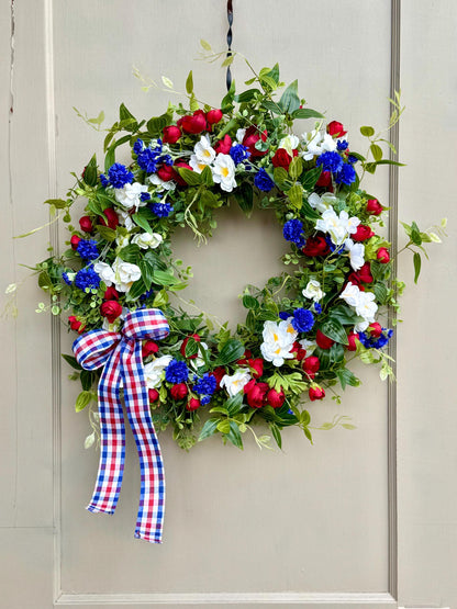 Fourth of July Wreath, Red White Blue Flower Wreath, Patriotic Wreath for Front Door, Independence Day Decor, Summer Wreath