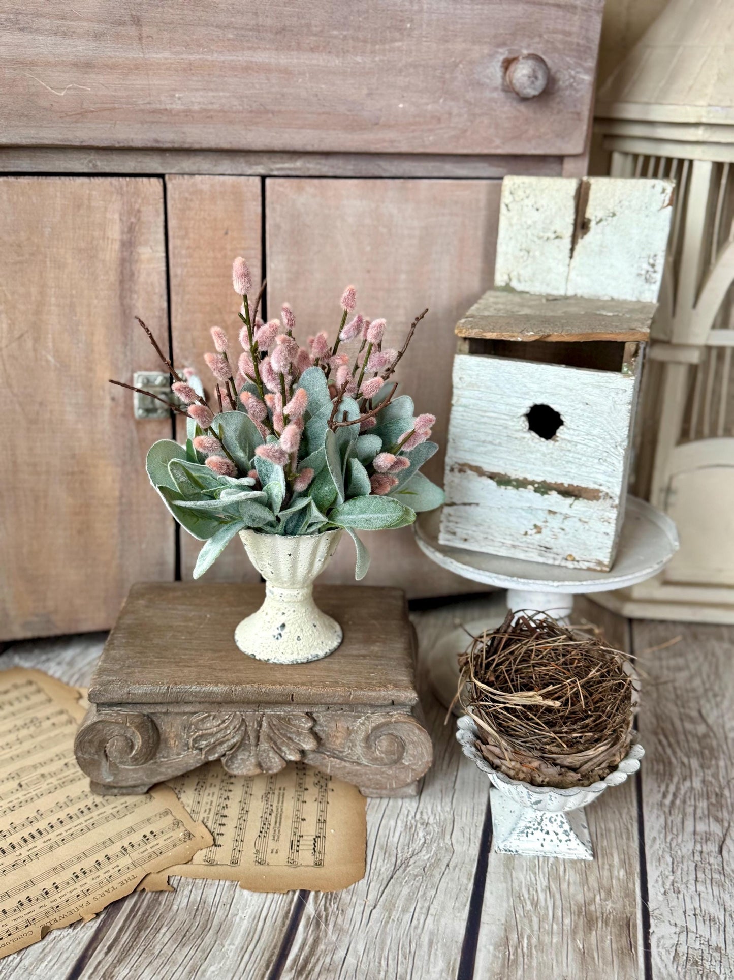 Mini Pink Pussy Willow Arrangement, French Country Spring Arrangement, Mothers Day Gift, Nursing Home Decor, Pussy Willow Arrangement