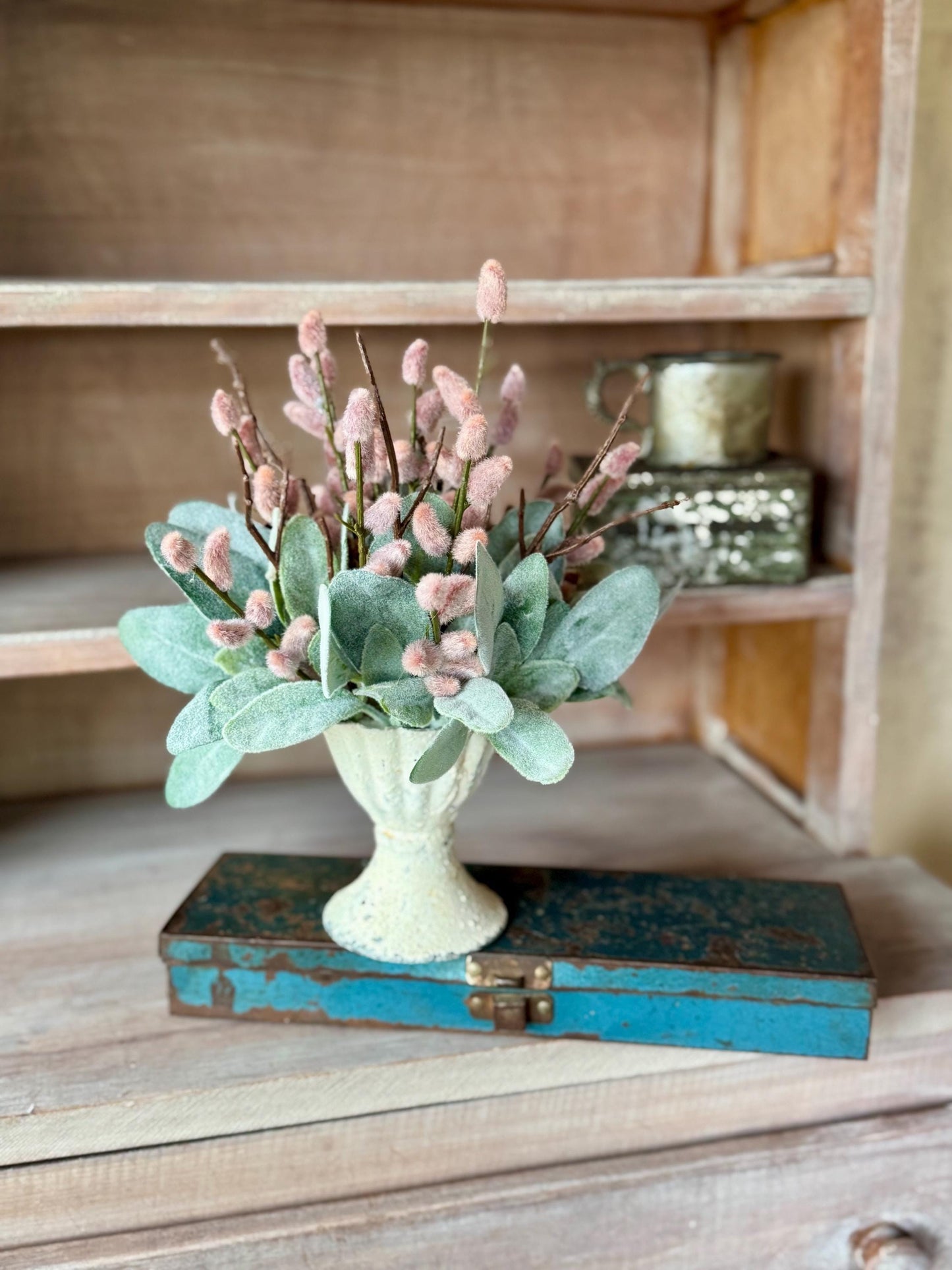Mini Pink Pussy Willow Arrangement, French Country Spring Arrangement, Mothers Day Gift, Nursing Home Decor, Pussy Willow Arrangement