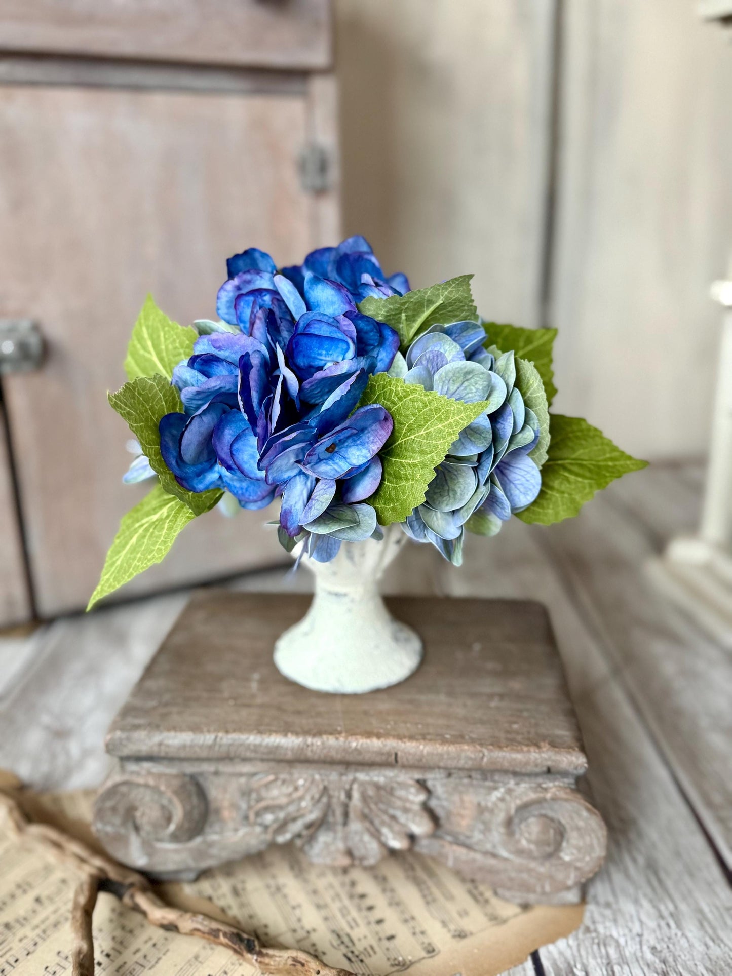 Blue Hydrangea Arrangement, Mothers Day Gift, French Country Spring Arrangement, Nursing Home Decor, Summer Blue Hydrangea Decor