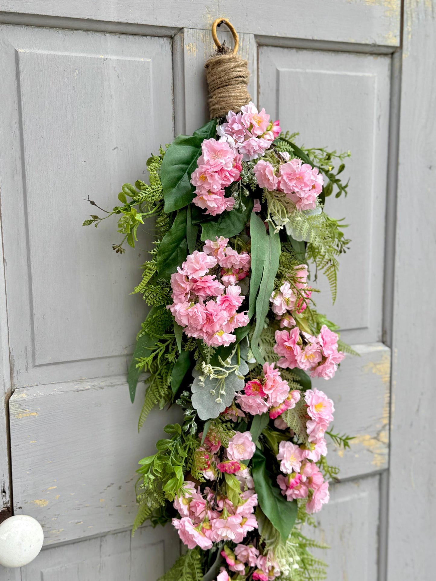 Pink Cherry Blossom Swag, Spring Swag Wreath, Spring Wreath, Mothers Day, Summer Fern Swag, Country Decor, Pink Easter Wreath
