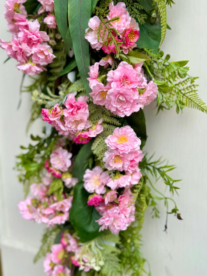 Pink Cherry Blossom Swag, Spring Swag Wreath, Spring Wreath, Mothers Day, Summer Fern Swag, Country Decor, Pink Easter Wreath