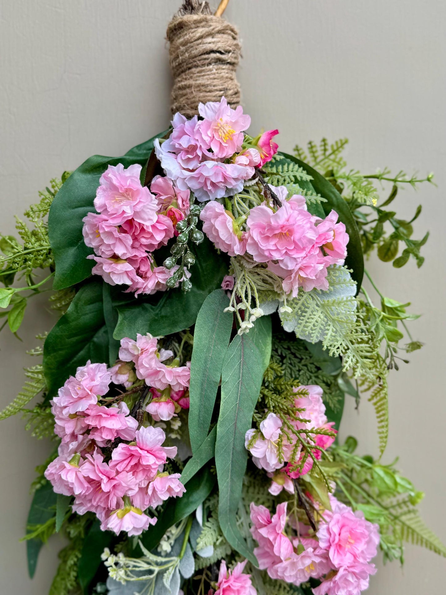 Pink Cherry Blossom Swag, Spring Swag Wreath, Spring Wreath, Mothers Day, Summer Fern Swag, Country Decor, Pink Easter Wreath