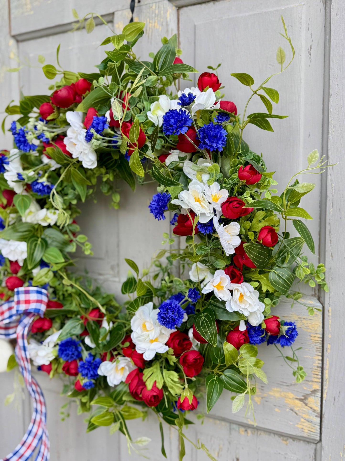 Fourth of July Wreath, Red White Blue Flower Wreath, Patriotic Wreath for Front Door, Independence Day Decor, Summer Wreath