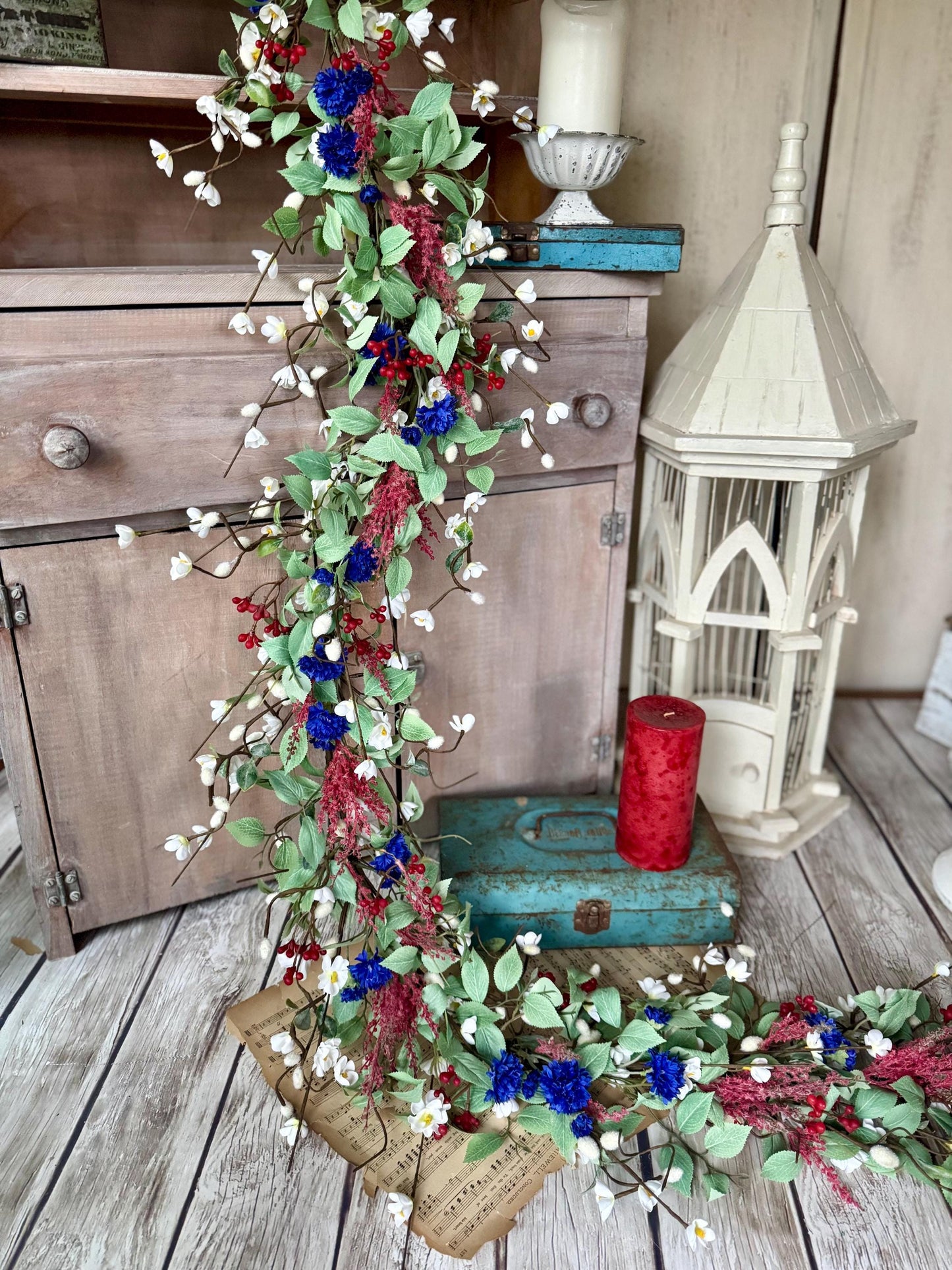 Patriotic Garland, Red White Blue Garland, Fourth of July Decor, Independence Day Garland, Garland for Mantle