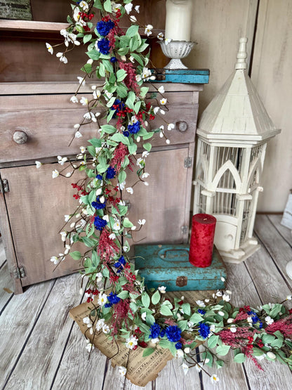 Patriotic Garland, Red White Blue Garland, Fourth of July Decor, Independence Day Garland, Garland for Mantle