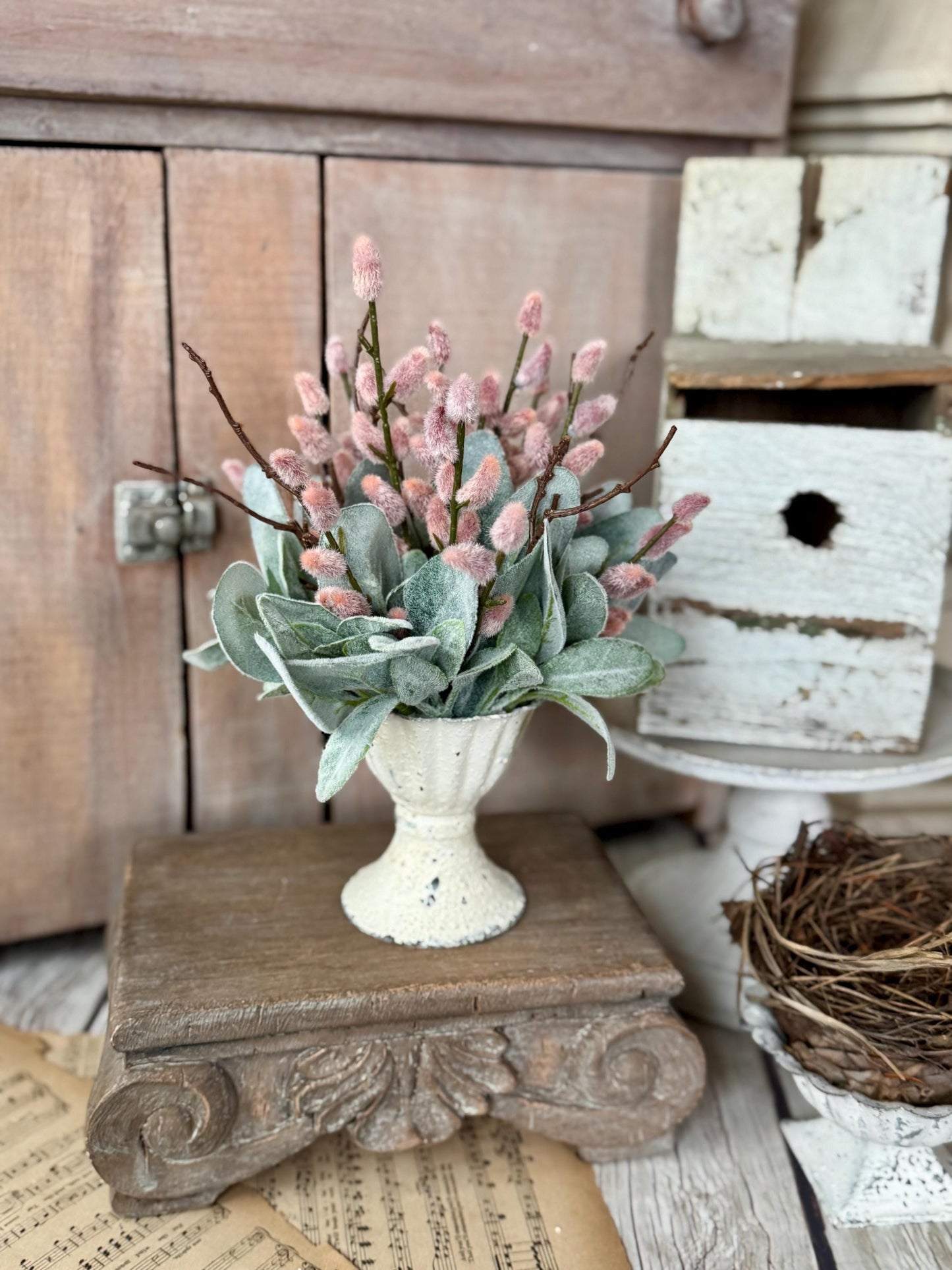Mini Pink Pussy Willow Arrangement, French Country Spring Arrangement, Mothers Day Gift, Nursing Home Decor, Pussy Willow Arrangement