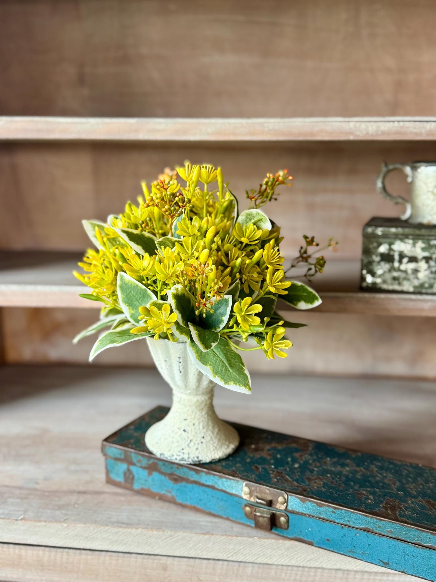 Yellow Flower Mini Arrangement, French Country Spring Arrangement, Easter Table Decor, Mothers Day Gift, Nursing Home Decor