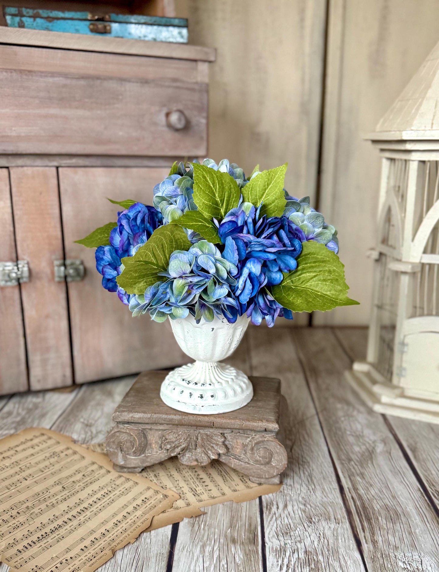 Blue Hydrangea Arrangement, Mothers Day Gift, French Country Spring Arrangement, Nursing Home Decor, Summer Blue Hydrangea Decor