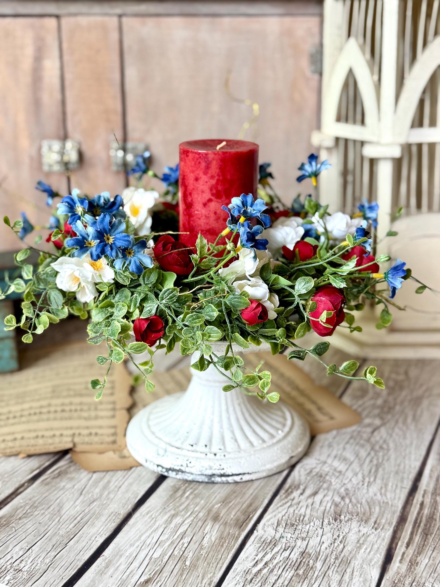 Red White Blue Flower Candle Wreath, Patriotic Decor, Memorial Day Decor, 4th of July Decorations, Independence Day Wreath, Forth of July