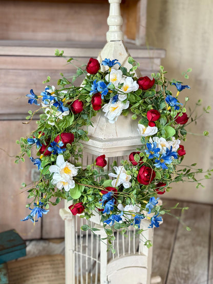 Red White Blue Flower Candle Wreath, Patriotic Decor, Memorial Day Decor, 4th of July Decorations, Independence Day Wreath, Forth of July