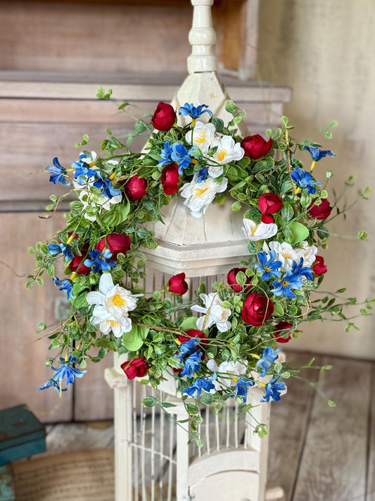 Red White Blue Flower Candle Wreath, Patriotic Decor, Memorial Day Decor, 4th of July Decorations, Independence Day Wreath, Forth of July