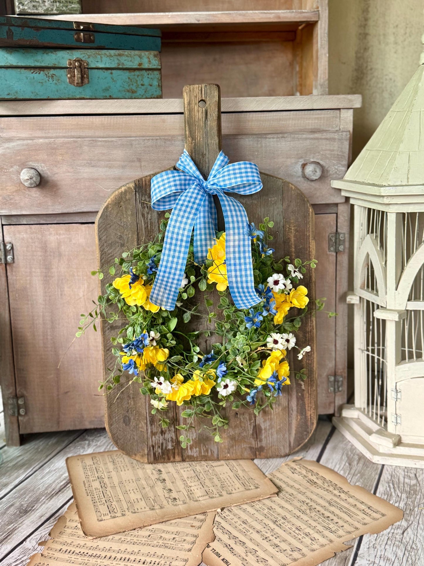 Summer Yellow Flower Candle Wreath, Yellow Blue Kitchen Cabinets, Summer Wreath, Blue Gingham Wreath, Nursing Home Decor