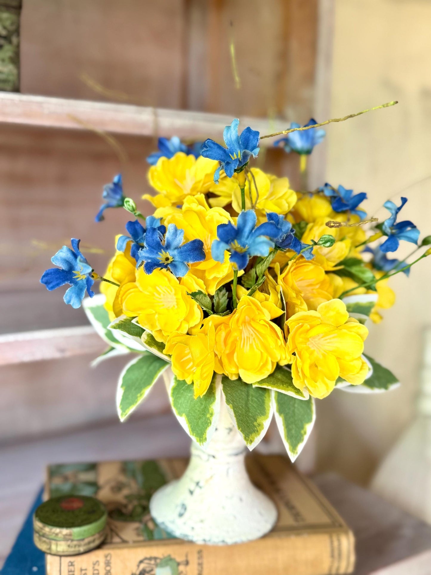 Yellow Blue Floral Arrangement, French Country, Spring Arrangement, Nursing Home Decor, Yellow Blue Kitchen Decor, Gift Arrangement