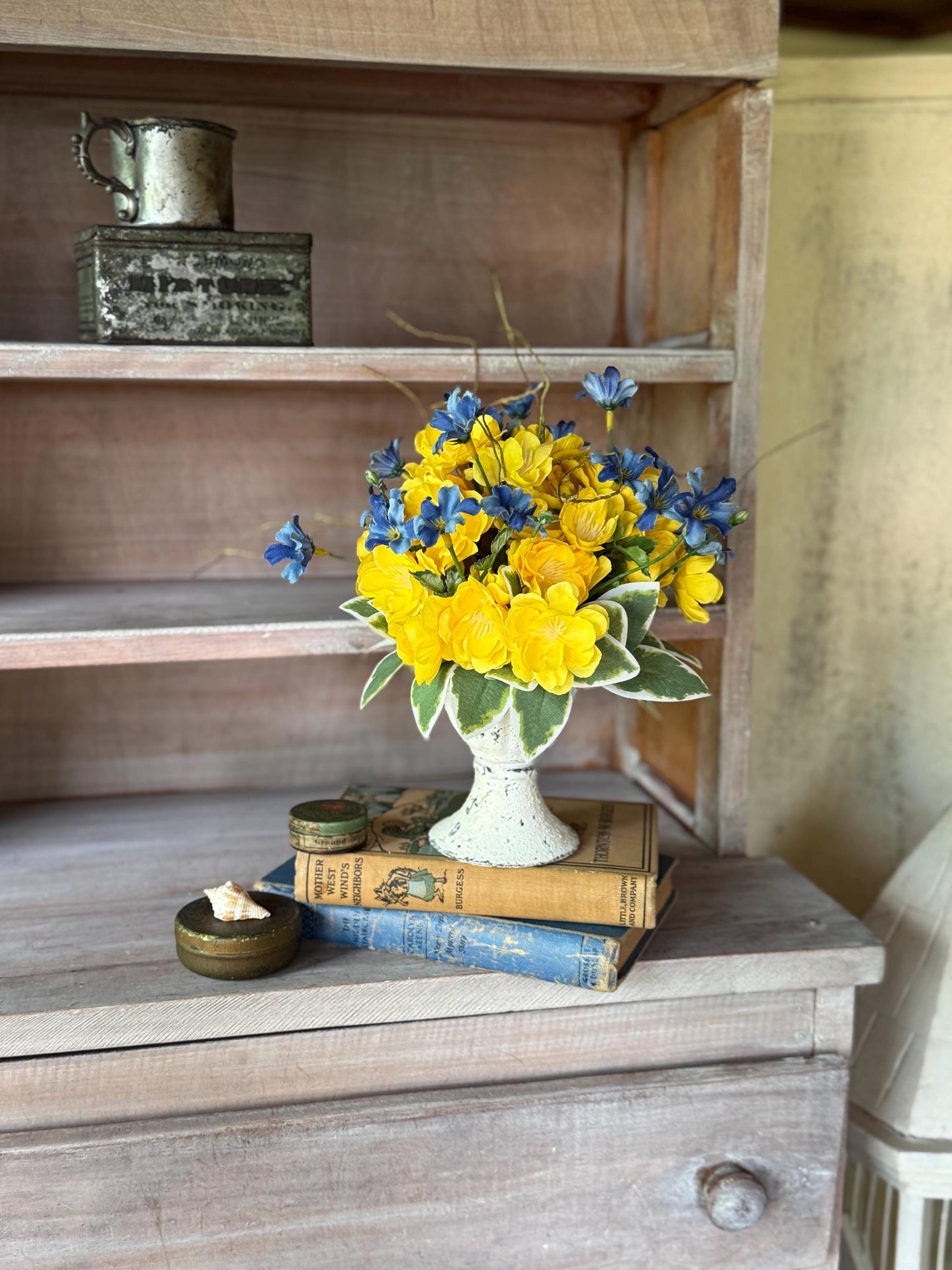 Yellow Blue Floral Arrangement, French Country, Spring Arrangement, Nursing Home Decor, Yellow Blue Kitchen Decor, Gift Arrangement