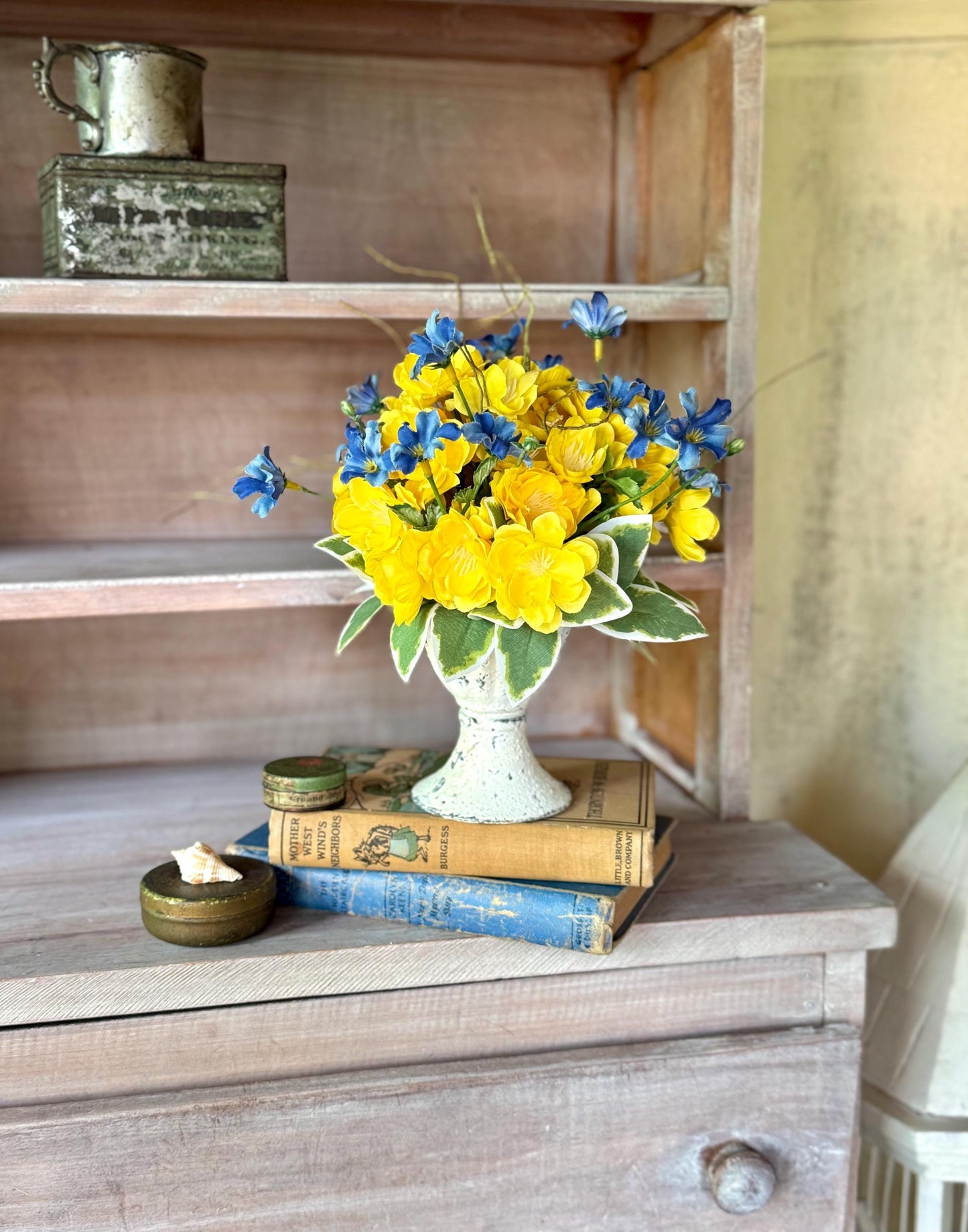 Yellow Blue Floral Arrangement, French Country, Spring Arrangement, Nursing Home Decor, Yellow Blue Kitchen Decor, Gift Arrangement