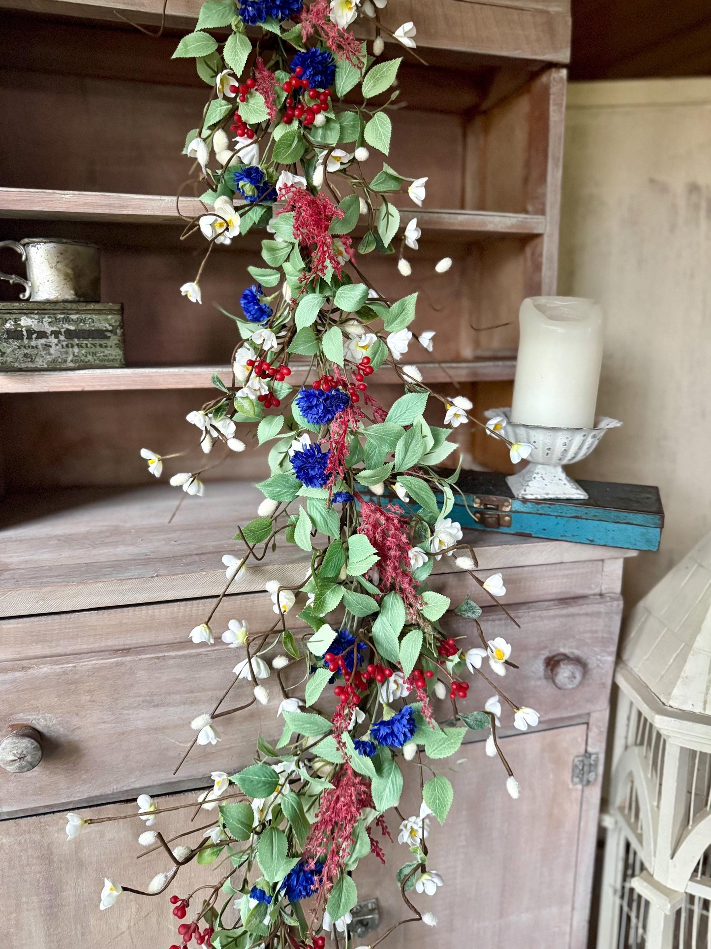 Patriotic Garland, Red White Blue Garland, Fourth of July Decor, Independence Day Garland, Garland for Mantle