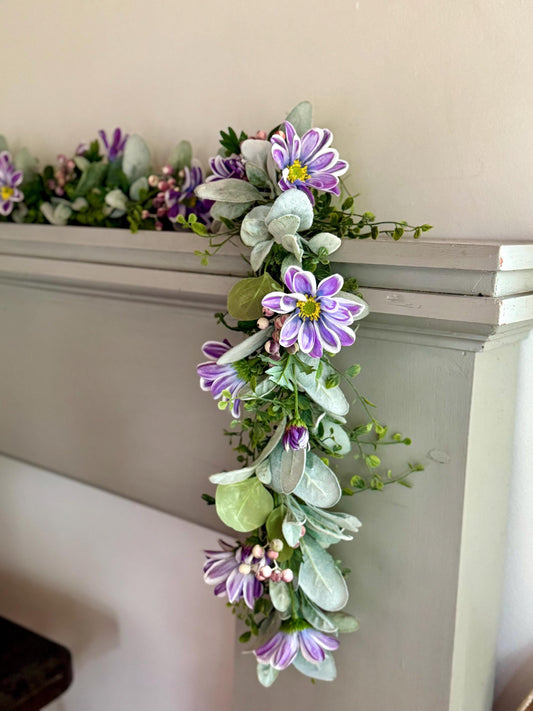 Spring Floral Garland, Purple Garland, Summer Garland for Fireplace, Mantle Garland Decor, Valentines Day Decorations, Mothers Day