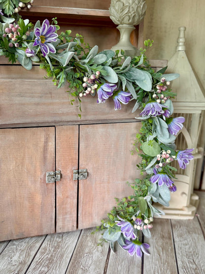 Spring Floral Garland, Purple Garland, Summer Garland for Fireplace, Mantle Garland Decor, Valentines Day Decorations, Mothers Day
