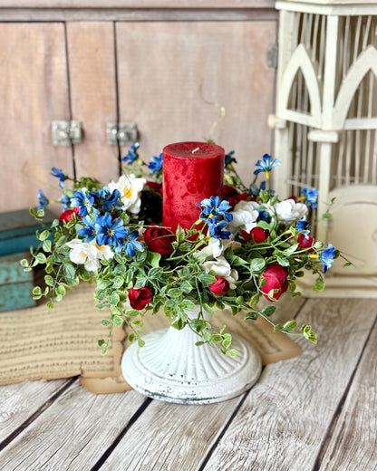 Red White Blue Flower Candle Wreath, Patriotic Decor, Memorial Day Decor, 4th of July Decorations, Independence Day Wreath, Forth of July