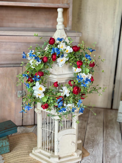 Red White Blue Flower Candle Wreath, Patriotic Decor, Memorial Day Decor, 4th of July Decorations, Independence Day Wreath, Forth of July